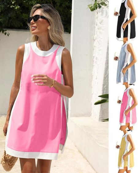 Women's Casual Color Block Sleeveless Tops Matching Shorts with Pockets